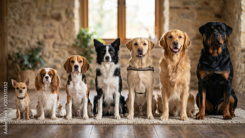 Dog breed size comparison. Variety of popular pedigree puppies arranged by size from small dogs to large dogs standing in a row, nature pet care friendship concept, modern home living room background