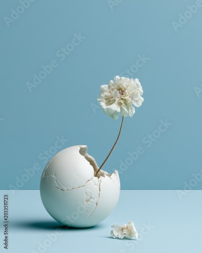Broken vase holding single flower as grief concept
