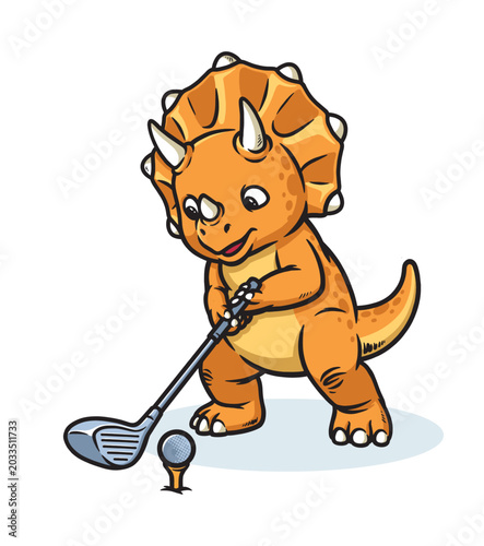 Triceratops dino is playing golf happily