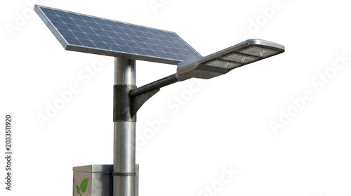 Solar panel energy renewable power technology illustration on metal pole against clear sky background
