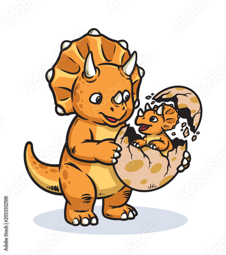 Triceratops dino watches its baby emerge from the egg