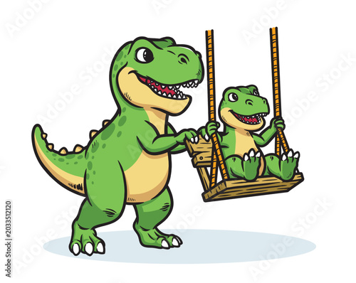  Dino and his son are playing on the swing happily