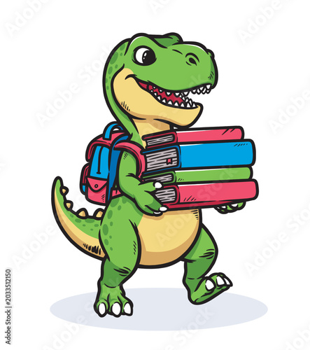 Dino carries a pile of books.