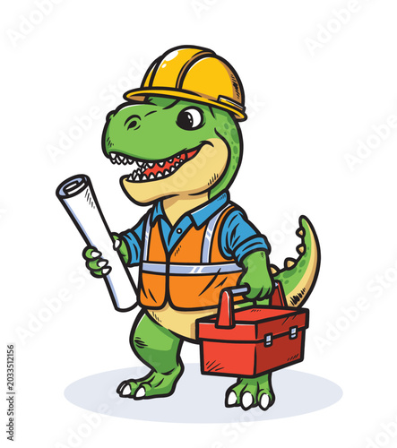Dino construction worker holding paper and a toolbox