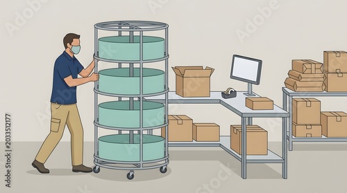 Warehouse Worker Managing Shelving Unit: A masked warehouse worker in casual attire pushes a tall, multi-tiered shelving unit with cylindrical containers.