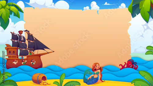 Fotografie Papercut pirate banner with sail ship, funny sailors, mermaid and blue sea waves