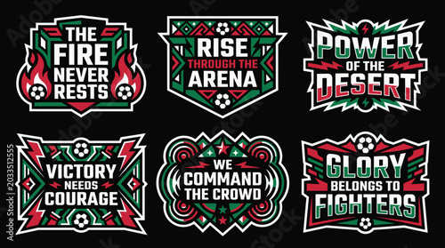Sports motivational text graphics with soccer theme and bold geometric borders against black