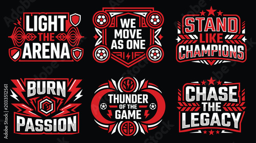 Sports slogans with shield and lightning motifs in red and white on black background