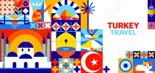 Foto Turkey travel banner with geometric mosaic pattern