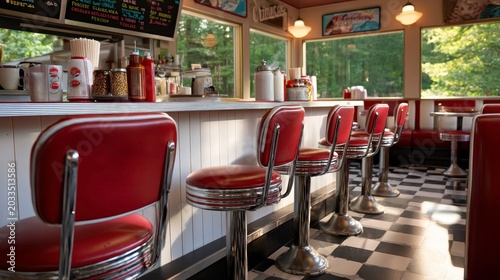 Vintage American Diner Interior with Red Stools and Checkerboard Floor