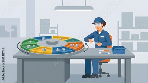 Assembly Line Production: A worker operates a circular assembly line, meticulously placing components on a rotating carousel in a manufacturing setting.