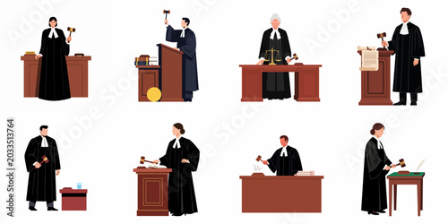 Photos Flat vector illustration set of diverse male and female judge characters in black robes holding gavels and presiding over court on white background