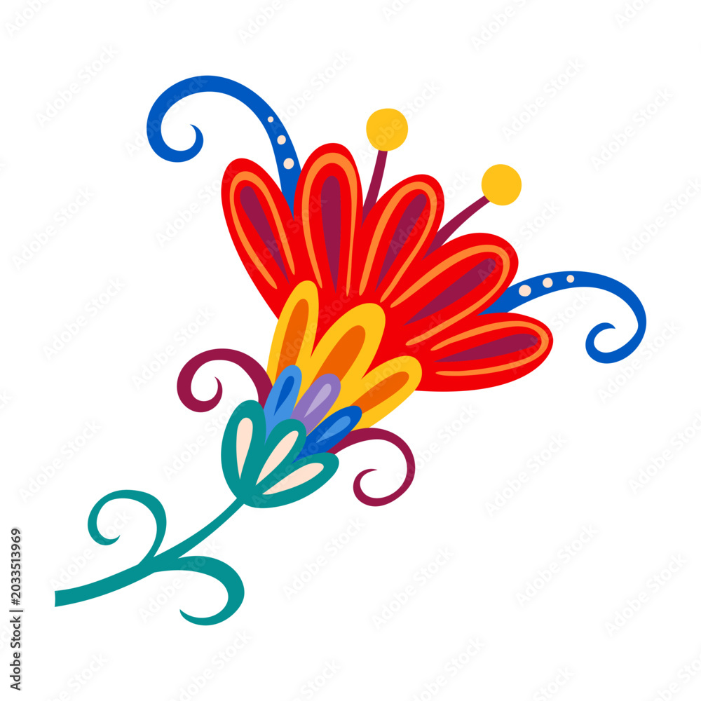 Fototapeta premium Mexican folk holiday graphic flower decoration with red petals and curly leaves. Mexican culture plant isolated object, Mexico folk colorful flower vector element. Hispanic ethnic nature decoration