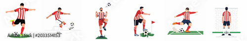 Set of flat vector illustrations of a soccer player in red and white striped jersey performing various actions and poses on white background.