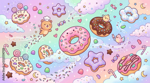 Colorful donuts with sprinkles and glazing float playfully in a whimsical sky filled with clouds candy and cheerful animal characters