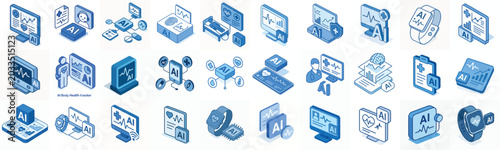 isometric vector icon AI Health monitoring blue color