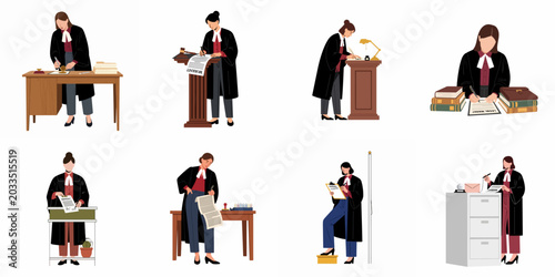 Canvastavla Flat vector illustration set of female judges and lawyers in robes signing warrants and legal documents in various office and courtroom settings