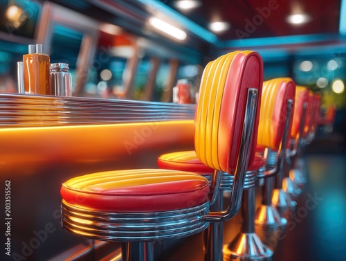 Retro American Diner Interior with Chrome Bar Stools and Neon Lights