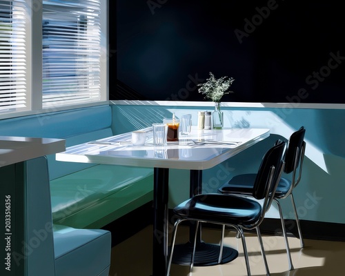 Empty Diner Booth with Retro Table and Sunlight by Window
