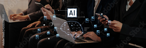 Foto Business professionals engage with laptops and smartphones in a collaborative environment, showcasing artificial intelligence concepts and data interactions