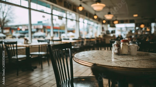 Empty Diner Table with Condiments in a Blurred Retro Restaurant