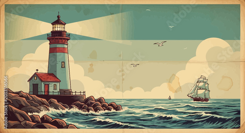 фотографія Vintage lighthouse guiding sailing ship at sea, retro coastal scene