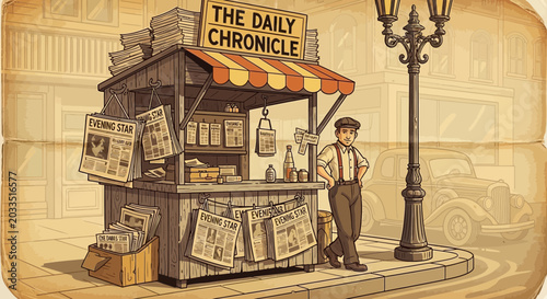 Fényképezés Vintage Newspaper Stand with Vendor, Retro Street Scene, Old-Fashioned Newsstand