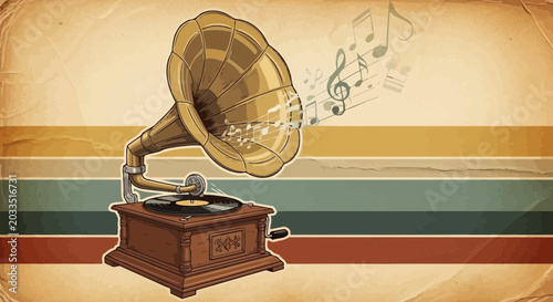 Quadro su tela Vintage Gramophone Playing Music, Retro Style, Nostalgia, Sound Waves