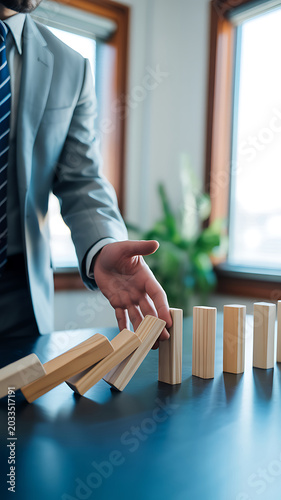 Businessman preventing a domino effect with wooden blocks on a blue table in an office setting with windows