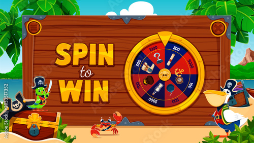 Fotografi Jackpot slot machine spin wheel, pirate casino lucky roulette on sunny tropical