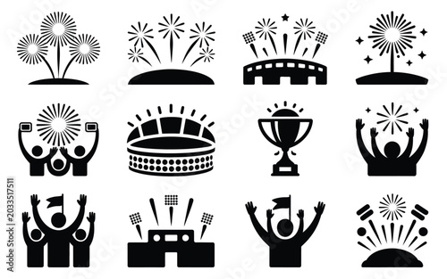 Foto Collection of black silhouette icons representing celebratory fireworks stadium