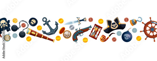 Bild auf Leinwand Pirate border with corsair weapons, captain tricorn hat, golden coins, smoking pipe and ship anchors