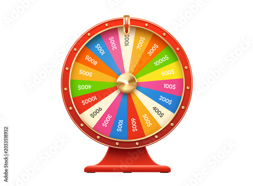 Jackpot slot machine spin wheel, casino roulette showing money amounts and dollar signs on multicolored segments. Spinning prize wheel conveying luck, chance, winning and gambling game show excitement