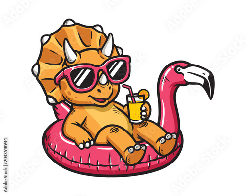 Triceratops dino relaxing on a floating flamingo