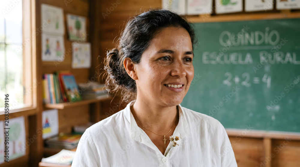 Fototapeta premium Smiling woman teacher in rural school classroom