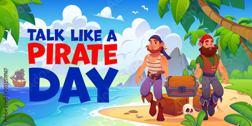 Fotografie Pirate day poster with cartoon funny corsairs and sailors with treasure chest on Caribbean island