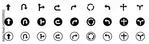 Set of black traffic arrow buttons showing minimalist circle navigation indicators direction signs and curve pointers perfectly designed for web apps