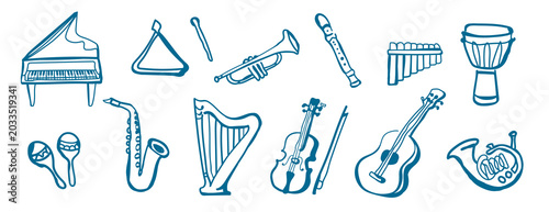 Musical instruments set naïve doodle vector illustration hand drawn illustration.