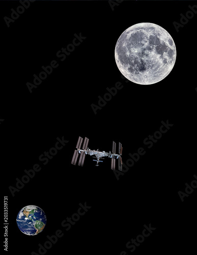 earth/moon/space station in space