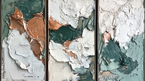 Contemporary triptych inspired abstract texture in forest green, ivory and muted copper tones. generative ai