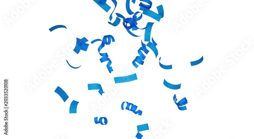 vibrant blue confetti strips and spirals fluttering down, captured with sharp focus, shallow depth of field, and bokeh on a solid transparent studio background. concept of joyous celebration