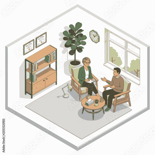 Tableau sur toile Psychologist talking to a patient in a therapy session, isometric illustration of a counseling room