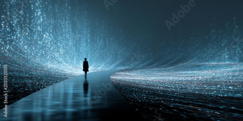 Futuristic digital pathway with glowing particles and a lone figure walking in an abstract environment filled with light and technology