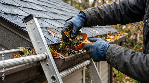 Professional Worker Cleaning Clogged Roof Gutter with Scoop Tool Wearing Gloves on Aluminum Ladder Removing Wet Autumn Leaves and Debris Maintenance