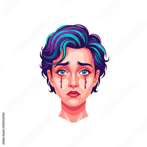 Sad young woman with tears face.