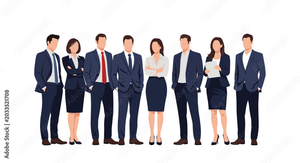 Obraz premium Diverse group of professional business people in formal suits standing together to represent corporate teamwork and successful leadership.