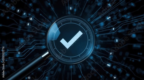 Digital Verification and Success Checkmark in Futuristic Technology Setting