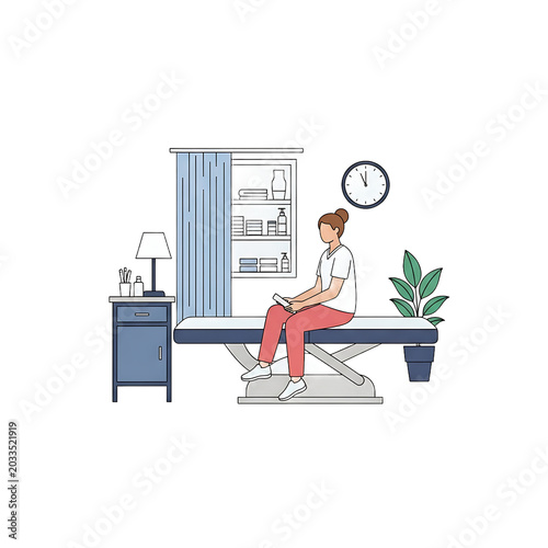 Woman sitting on hospital bed with laptop.