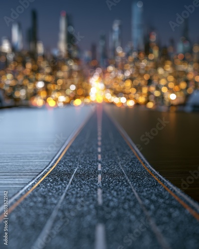 Road on a conference table leading toward city skyline as business roadmap concept