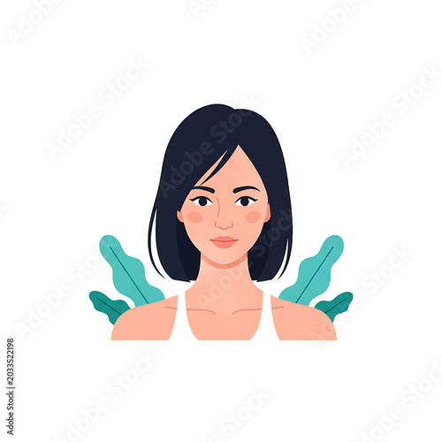 Woman with dark hair and leaves.